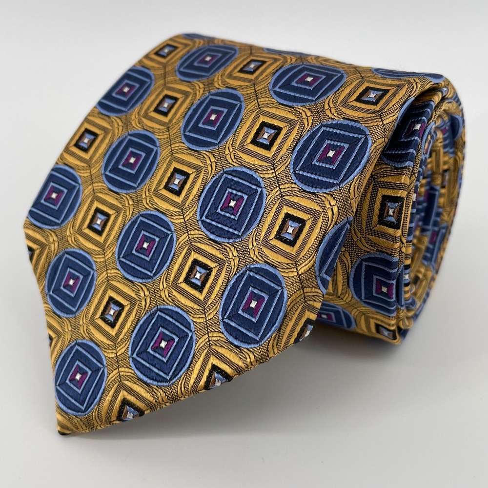 Jos. A. Bank Signature Collection Silk Tie Gold Blue Geometric Medallion